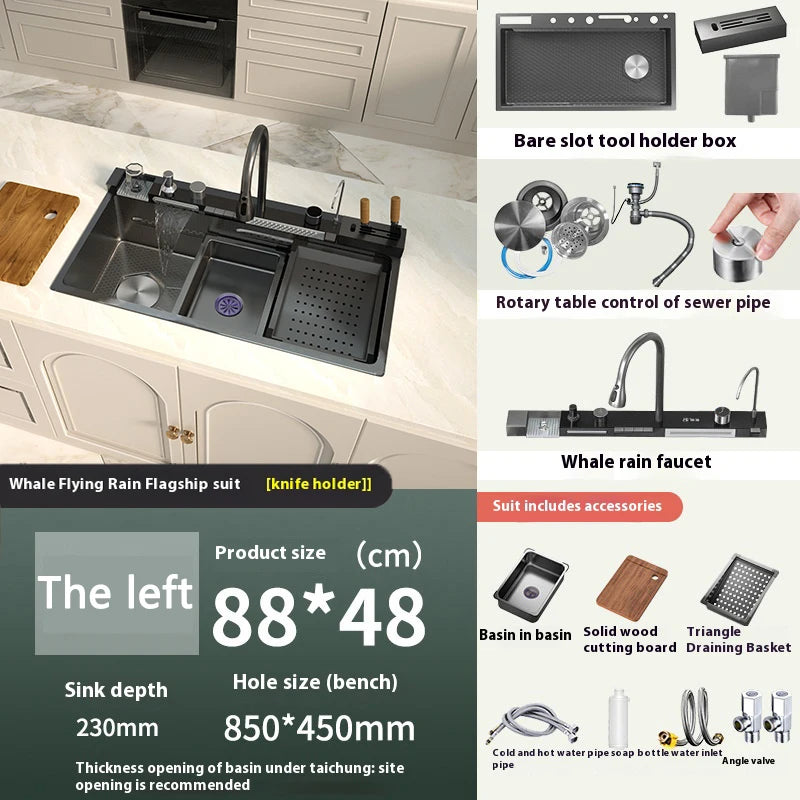 100x50cm Waterfall Kitchen Sink Stainless Steel Extra Large Single Bowl Digital Display Multifunctional Dishwashing Sinks