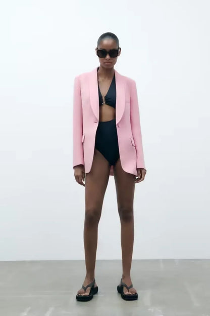 Women's Blazer New Spring Elegant Casual Office Lady Pink Jacket Coat Fashion High Waist Loose Wide Leg Trousers Pant Suit.