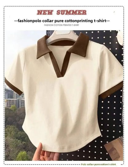 Color Block Polo Neck T-Shirt Women Short Sleeve Classic Lettering Slim Fit V-Neck Top Short Style Cotton Casual Summer New.