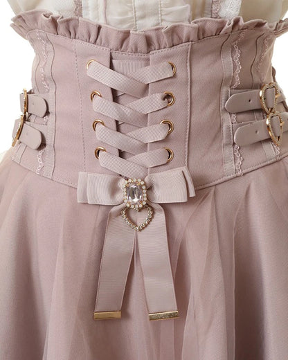 Japanese Liz New Summer Lace Edge Leather Ring High Waist Pleated Skirt Ribbon Bow All-match Short Skirts Big Bow Lolita Blouses