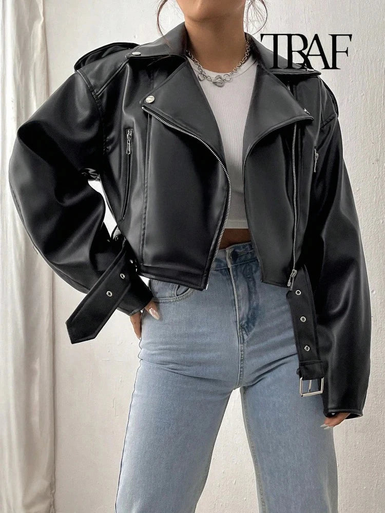 TRAF Damen Vintage lose Lederjacke Gürtel Schulter Abzeichen Zip Revers Jacke Handsome Washed Leder Motorrad Kleidung.