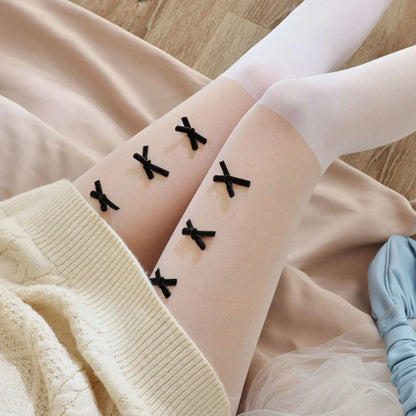 Handmade Velvet Stockings Swan Velvet Patchwork Fake Thigh Pantyhose Multiple Butterfly Knots White Silk Leggings.
