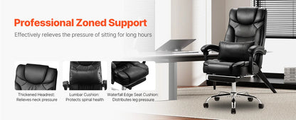 VEVOR Chefsessel Bürostuhl Drehstuhl mit hoher Rückenlehne & Fußstütze & Lendenkissen, ergonomischer Schreibtischstuhl mit 135° Neigung und einstellbarer Höhe, für Arbeit Arbeitszimmer Spielen