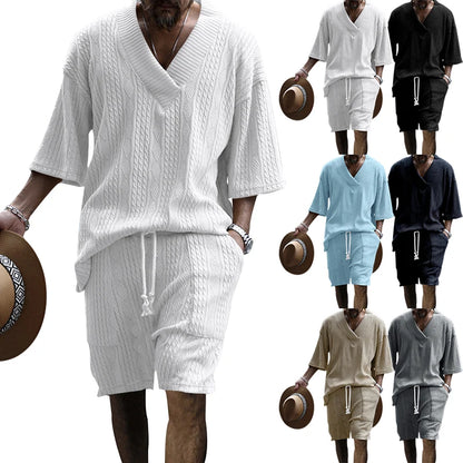 2024 Summer New Men's High Street Casual Loose Jacquard Sportswear V-Neck Short Sleeve Shorts Men's Fashion Suit.