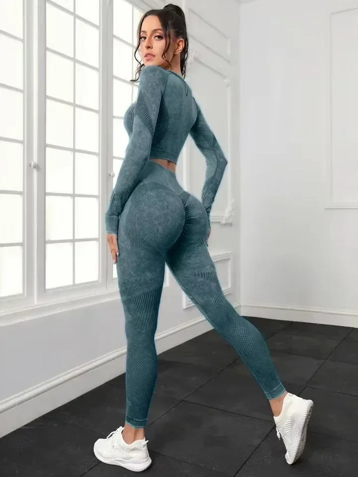 2 Piece Acid Wash Gym Set Women Seamless Long Sleeve Leggings Tracksuit Sports Fitness Suit Scrunch Workout Clothes Yoga Outfits