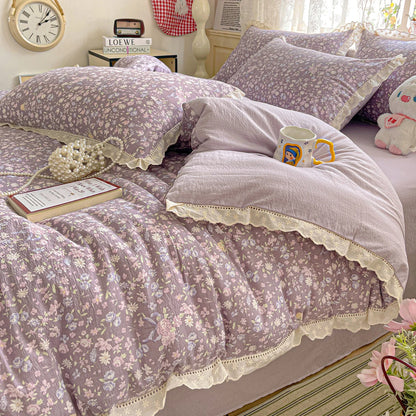 2025 new small fresh printing French lace lace double four-piece set bedding wrinkled yarn student three-piece set