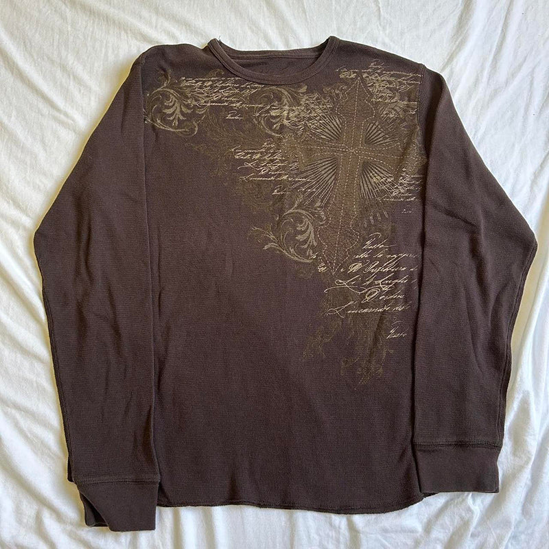 2000s Aesthetic Mall Goth Tees Y2K Cyber Grunge Emo Cross Print T-shirt 90s Vintage Women Autumn Long Sleeve Pullovers Tops.