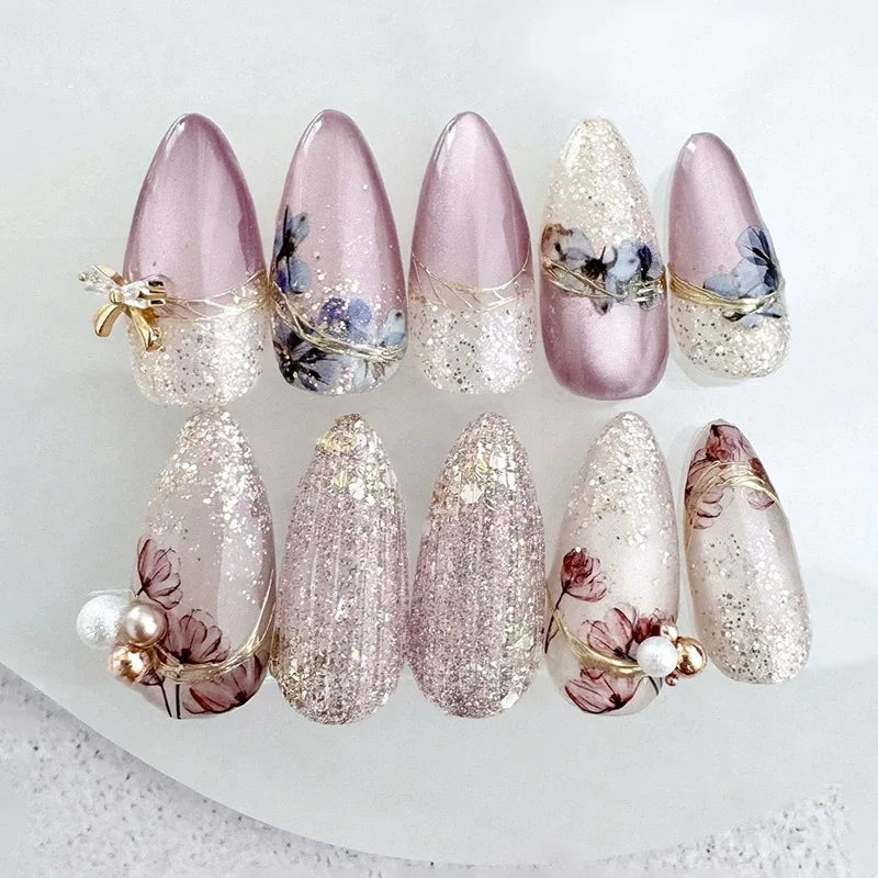 24Pcs Metallic Cat Eye French Sheer Manicure Tip Art Textured 3D Acrylic False Nails Nude Pink Almond Medium Press on Fake Nails