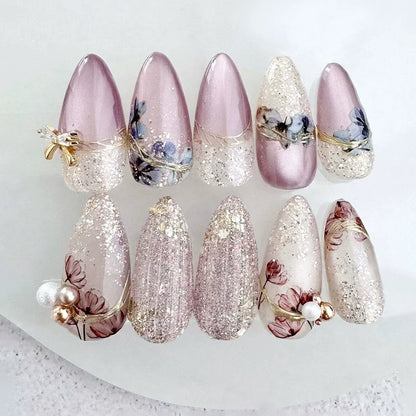 24Pcs Metallic Cat Eye French Sheer Manicure Tip Art Textured 3D Acrylic False Nails Nude Pink Almond Medium Press on Fake Nails