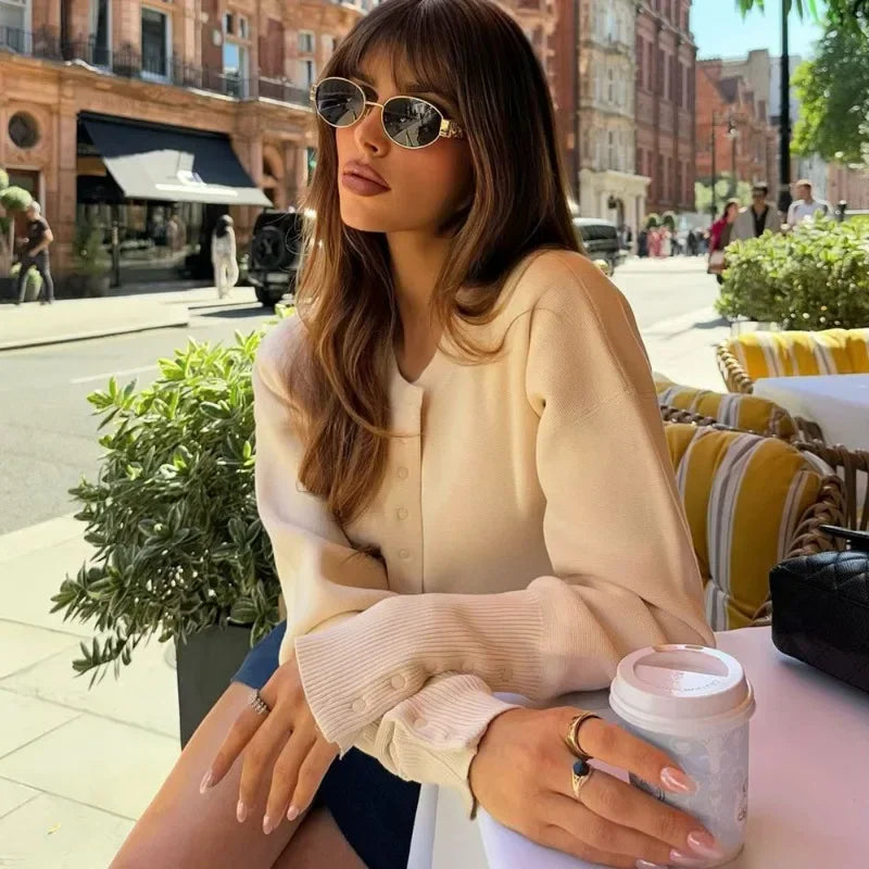 Women's High Waist Round Neck Single Breasted Cardigan Solid Long Sleeve Short Sweater Top Autumn Slim Bottoming Shirt.