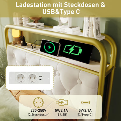 KOMHTOM Einzelbett 90x200 cm Samt - USB Type C Ladefunktion, APP-Control LED, 2 Schubladen, ohne Matratze