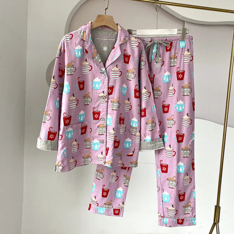 2025 New Pajamas Suit Cotton 2 Piece Set Women Print Cartoon Nightwear Long Sleeve Trousers Set Autumn Loungewear Home Clothes