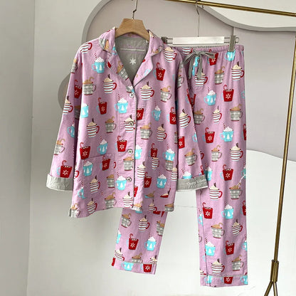 2025 New Pajamas Suit Cotton 2 Piece Set Women Print Cartoon Nightwear Long Sleeve Trousers Set Autumn Loungewear Home Clothes