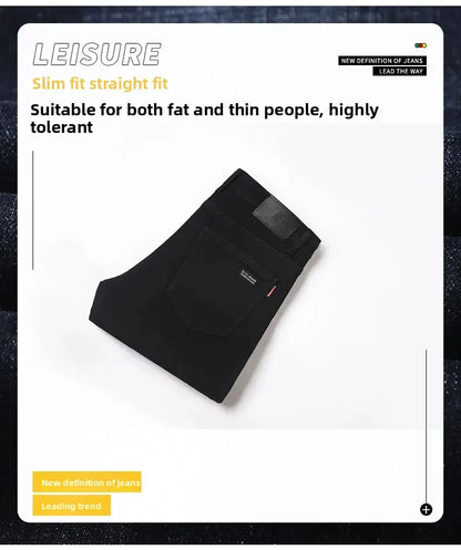 Men's Black Straight Leg Jeans Casual Elastic Business Pants High Waist Slim Fit Long Trousers New 2025 Gray Color.