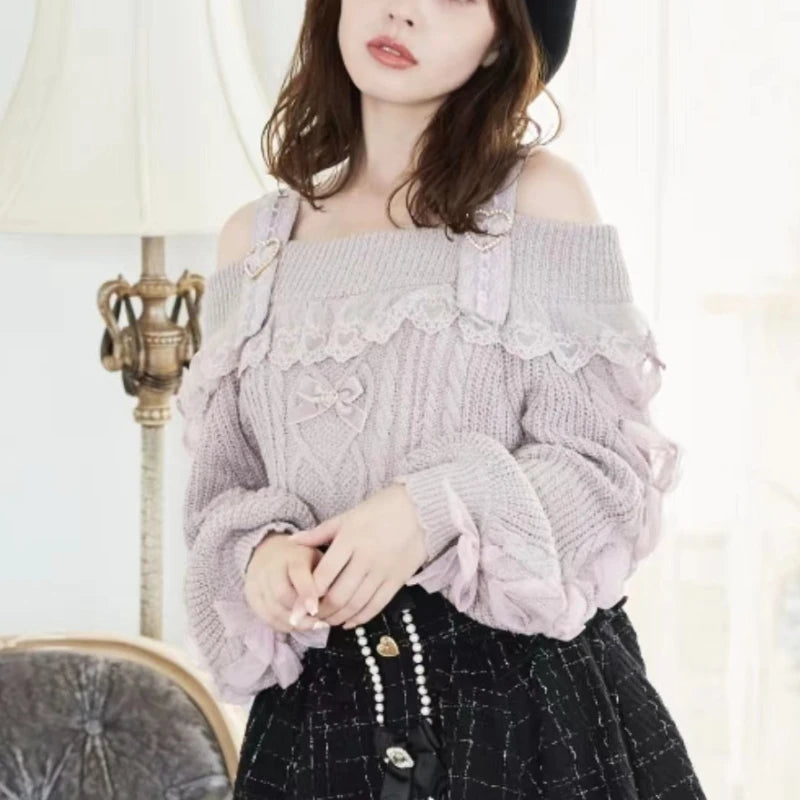 Vintage Sweet Lolita Style Knitted Pullover Autumn Girls Cute Off Shoulder Lace Ruffles Bow Sweater Women Harajuku Knitwear Tops.