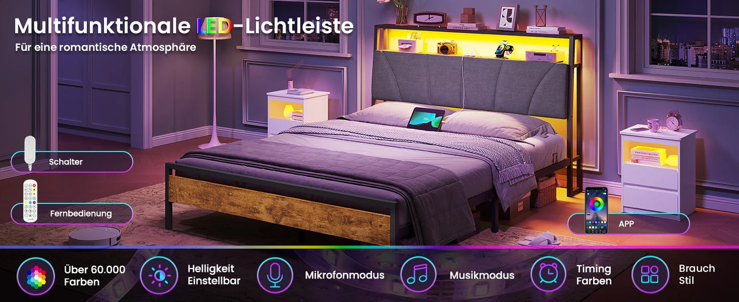 Metallbettgestell 140 x 200 cm mit LED-Beleuchtung, Kopfteil und Ladestation, integriertes Metallbett 140 x 200 mit Gitterbraten