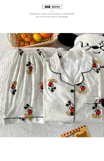 3Pcs Mickey Mouse Pajama Set Women's Summer Short-Sleeved Cute Sleepwear Autumn Student Home Clothes Three-Piece Set Nightgown.