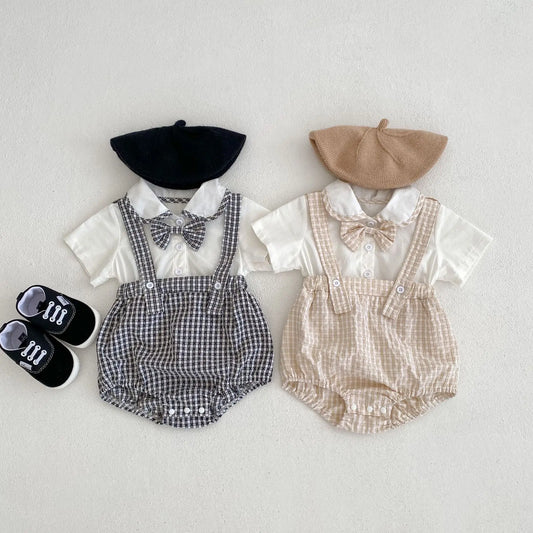 Bodys Sommer Baby und Kinder einteilige Kleidung Puppen hals kurz ärmel ige karierte elastische Bund Dreieck einteiligen Stram pler