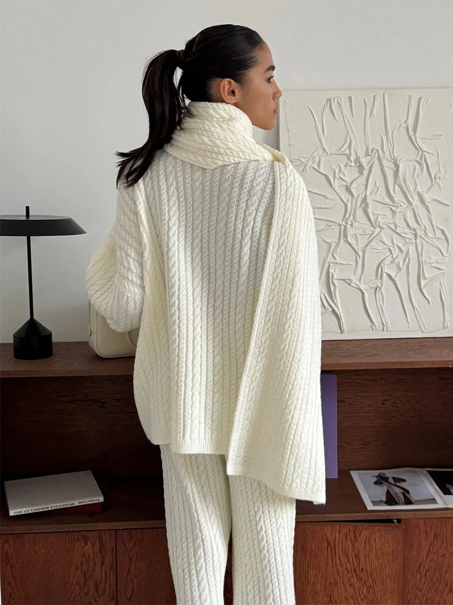 Bornladies Herbst Winter Mode frauen Neue Zopfmuster Pullover Breite Bein Hosen Set Weiche Wolle Mischung Lose Fit High Neck Pullover