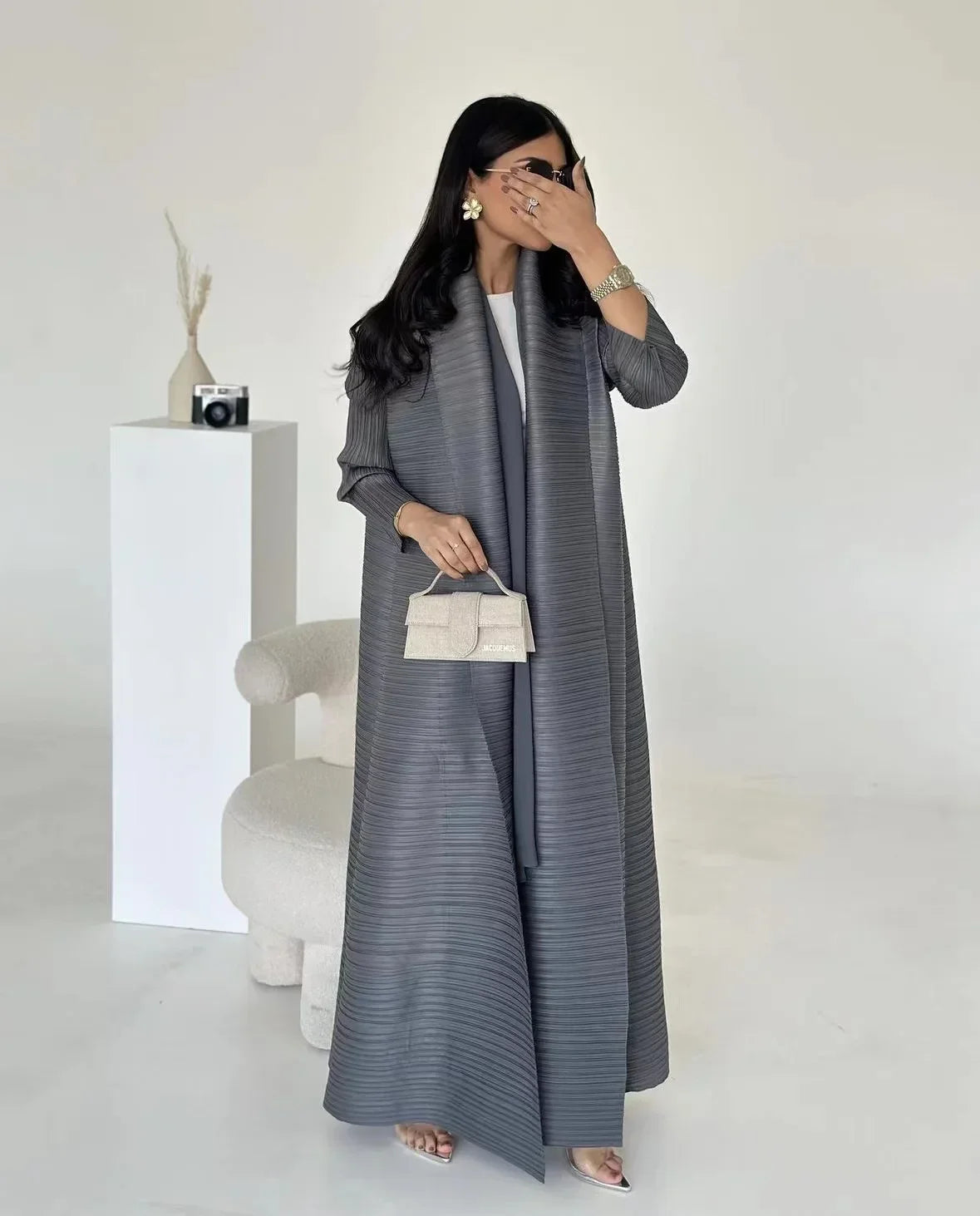 Muslim Abaya Black Simple Commuter Fashion Pleated Loose Long Trench Coat Jacket 2024 Fall New.