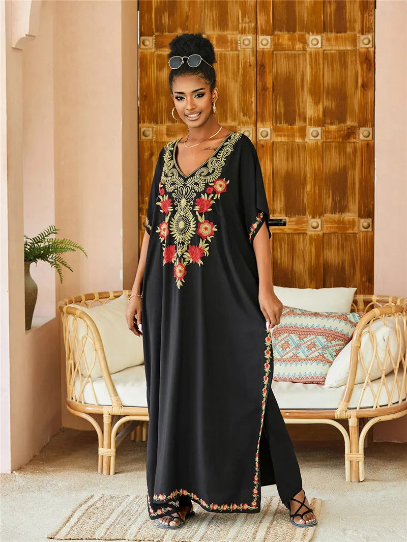 Women Embroidered Kaftan Dress Caftan Loungewear Long Bathing Suit Cover Up Beach Wear Vacation Outfit Loose Summer Women's Robe.