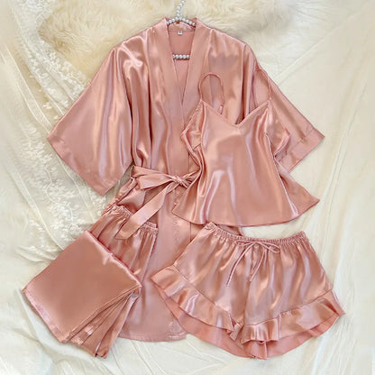 Frühling Sommer Neue Frauen Pyjama Vier Stück Anzug Nachtwäsche Seidige Satin Kimono Bademantel Hosen Anzüge Lose Hause Kleidung Loungewear.