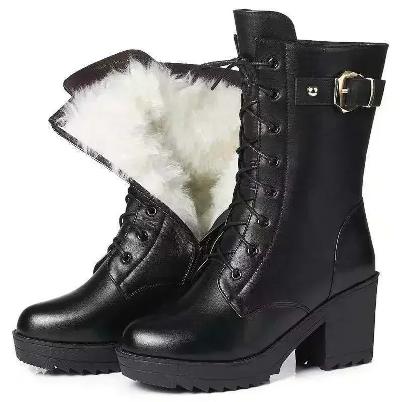 2025 Winter Leather Women Winter Boots Thick Wool Warm Women High-heeled Genuine Boot High-quality Female Snow Boots Women Shoes.