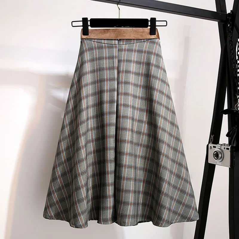 Plaid Vantage High Waist A-line Loose With Belt Pocket Women's Skirt Korean Fashion Mid-Calf Long Skirts For Women 2024 Spring.