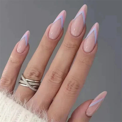 24Ps/Set White Ripple Glitter Chip Design Wearing False Nail French Full Cover Acrylic Press on Nail Almond Shape Fake Nail Tips
