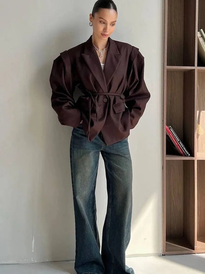 Fashion Solid Revers Hals Schulter Pad Anzug Jacke Frauen Langarm Eine Taste Spitze Up Mantel 2025, Herbst Neue Highstreet Büro Tragen
