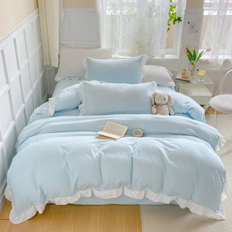 Korean Princess Style Duvet Cover Set No Filling Pink Blue Soft Washed Cotton Girls Favorite Ruffles Bed Linen Pillowcases.