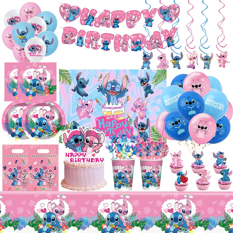 Disney Lilo Stitch Geburtstag Party Dekoration Kinder Stitch Thema Geschirr Set Engel Luftballons Happy Banner Zubehör für Mädchen zugunsten.