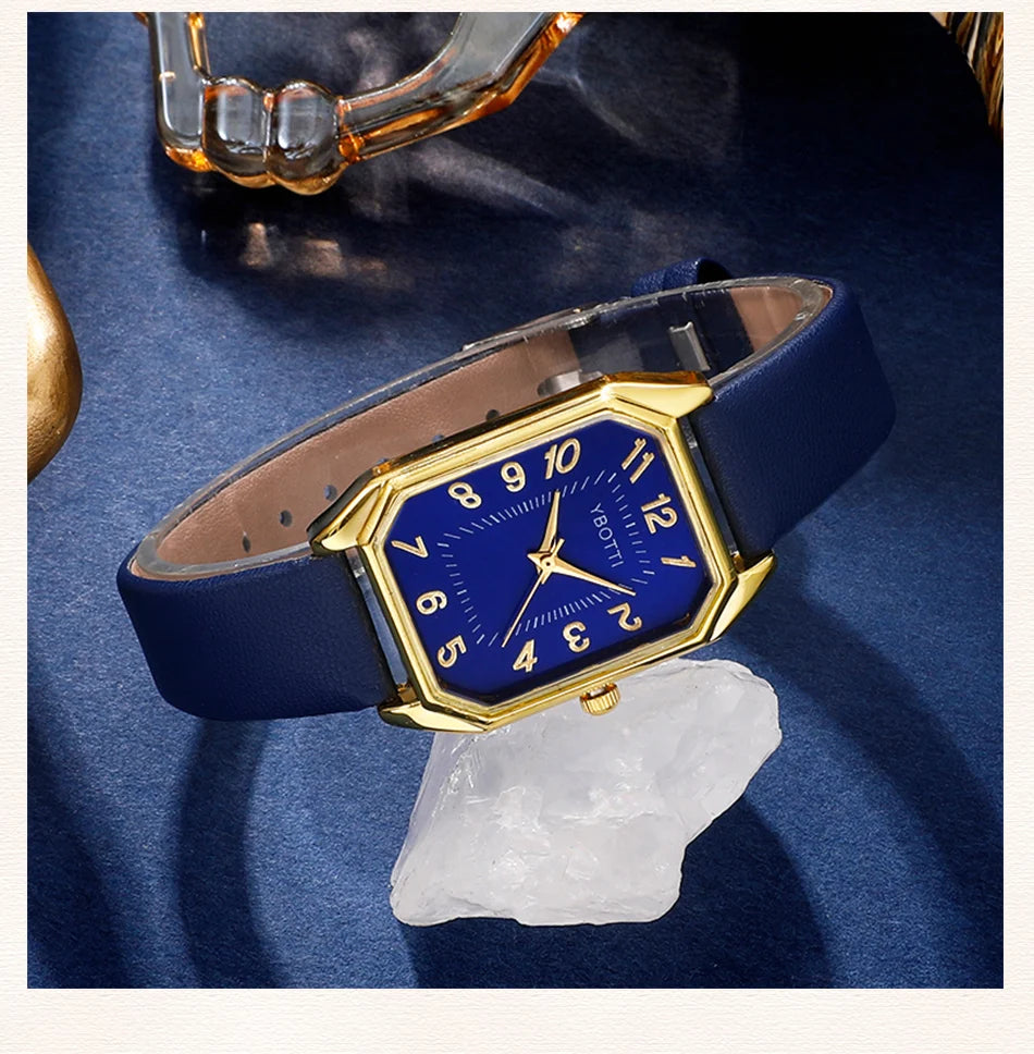 Luxury Fashion Square Women's Watches Brand Ladies Quartz Wristwatch Classic Simple Femme Blue Leather Band Relogio Feminino.