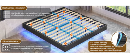LED-beleuchtetes 180 x 200 cm großes Polsterbett mit Gestell, Gitterbettgestell, schwebender schwarzer Bettrahmen für Schlafzimmer