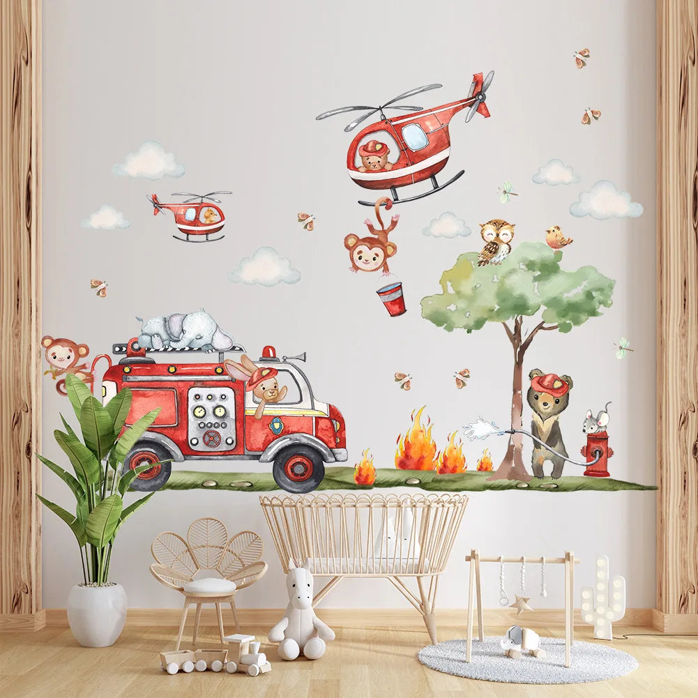 Creative cartoon animal firefighters sticker for living room kids room decoration self adhesive wall art decal.