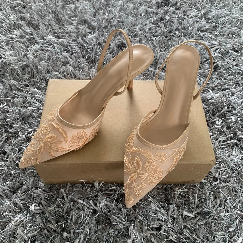 Luxury Brand High Heels Women Sandals Mesh Embroider Elegant Pointed Ladies Slingback Evening Party Wedding Bridal Dress Shoes.