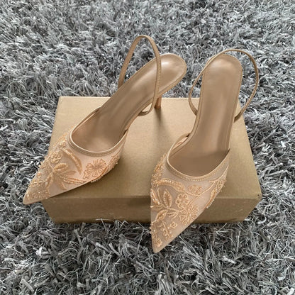 Luxury Brand High Heels Women Sandals Mesh Embroider Elegant Pointed Ladies Slingback Evening Party Wedding Bridal Dress Shoes.