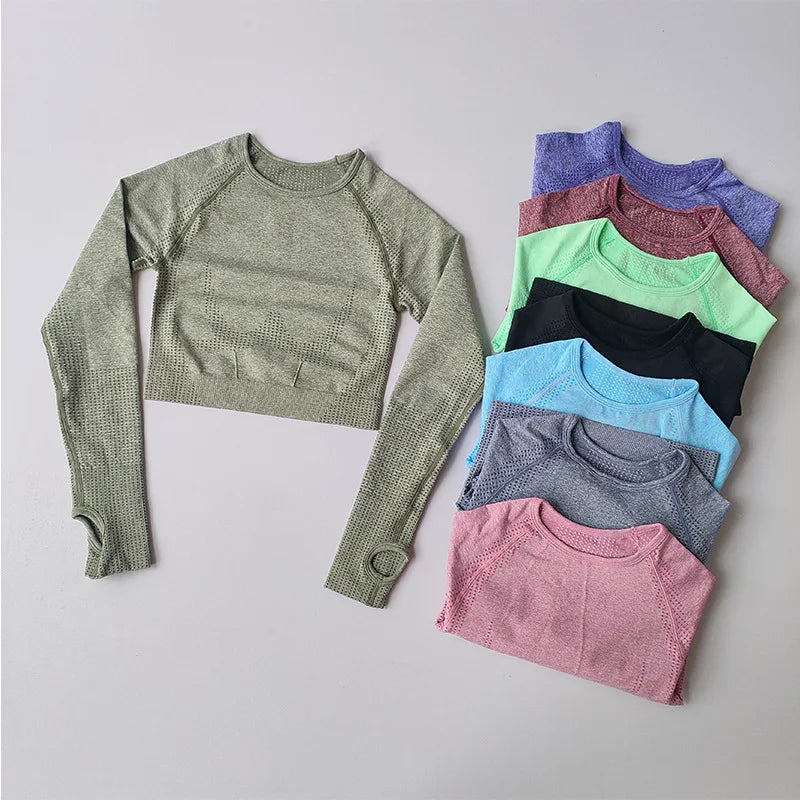 Women's Shirt Seamless Crop Top Fitness Shirts Long Sleeve Sports Top Woman Yoga Tops Activewear With Thumb Hole Sportswear.