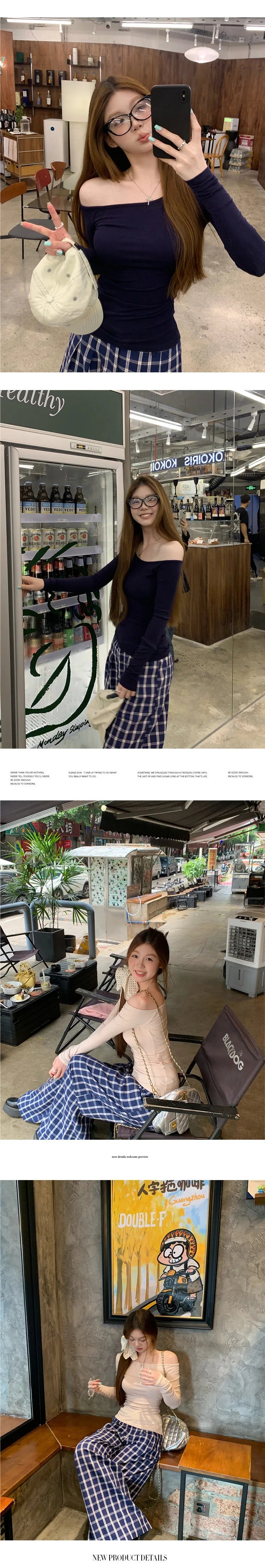 Spicy Girl Diagonal Shoulder Long Sleeve Women's T-shirt Base Layer Shirt Waist Inward Design Polo Collar Top.