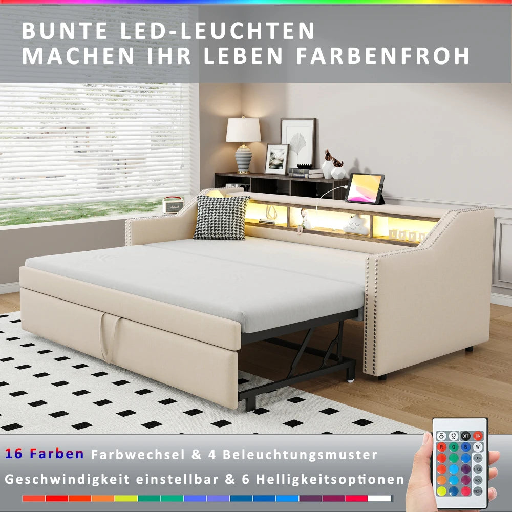 Ausziehbares Schlafsofa 90/180 x 190 cm, multifunktionales Aufbewahrungsfach, LED-Licht und USB-Buchse, mit Gitter, Dunkelgrau