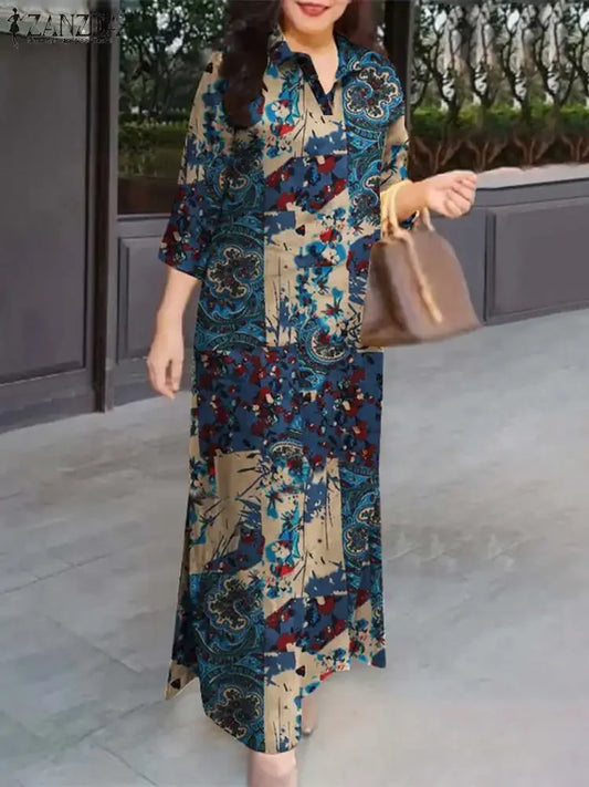 ZANZEA Women 3/4 Sleeve Long Dresses Fall 2024 Fashion Lapel Neck Cotton Shirtdress Vintage Floral Print Maxi Shirt Dress New In.