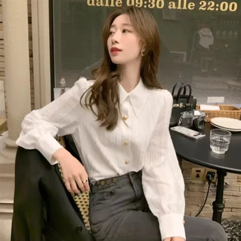 Women Clothing Spring Autumn Simplicity Office Lady Button White Polo Collar Women Shirts All-match Elegant Long Sleeve Cardigan.