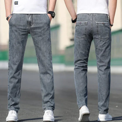 2025 sommer Neue männer Lose Grau Jeans Mode Lässig Stretch Gerade bein Denim Hosen Männlich Hellblau männer Hosen