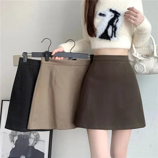 Autumn Winter Womens Woolen Skirt 2024 New Korean Style High Waist Bodycon Mini Skirts Ladies College Style Zipper A-Line Skirt.