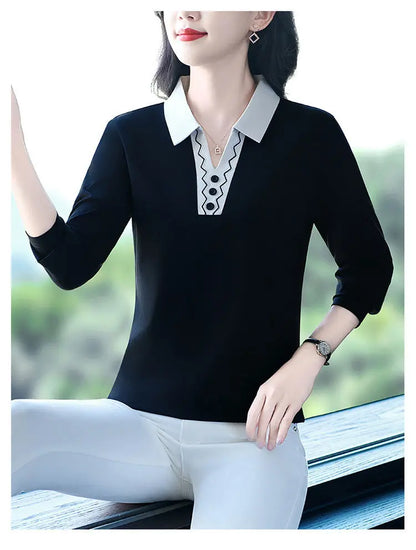 2025 Autumn New Women Clothes Office Lady Simplicity Patchwork Polo-Neck Top Tee Ladies Fashion Loose Buttons Long Sleeve Shirts
