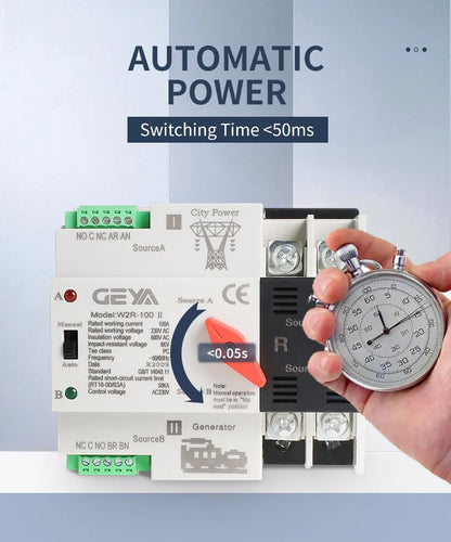 GEYA W2R ATS 110V 220V PC Dual Power Automatischer Transferschalter 63A 100A Haushalts-Stromübertragungsschalter 50/60Hz.
