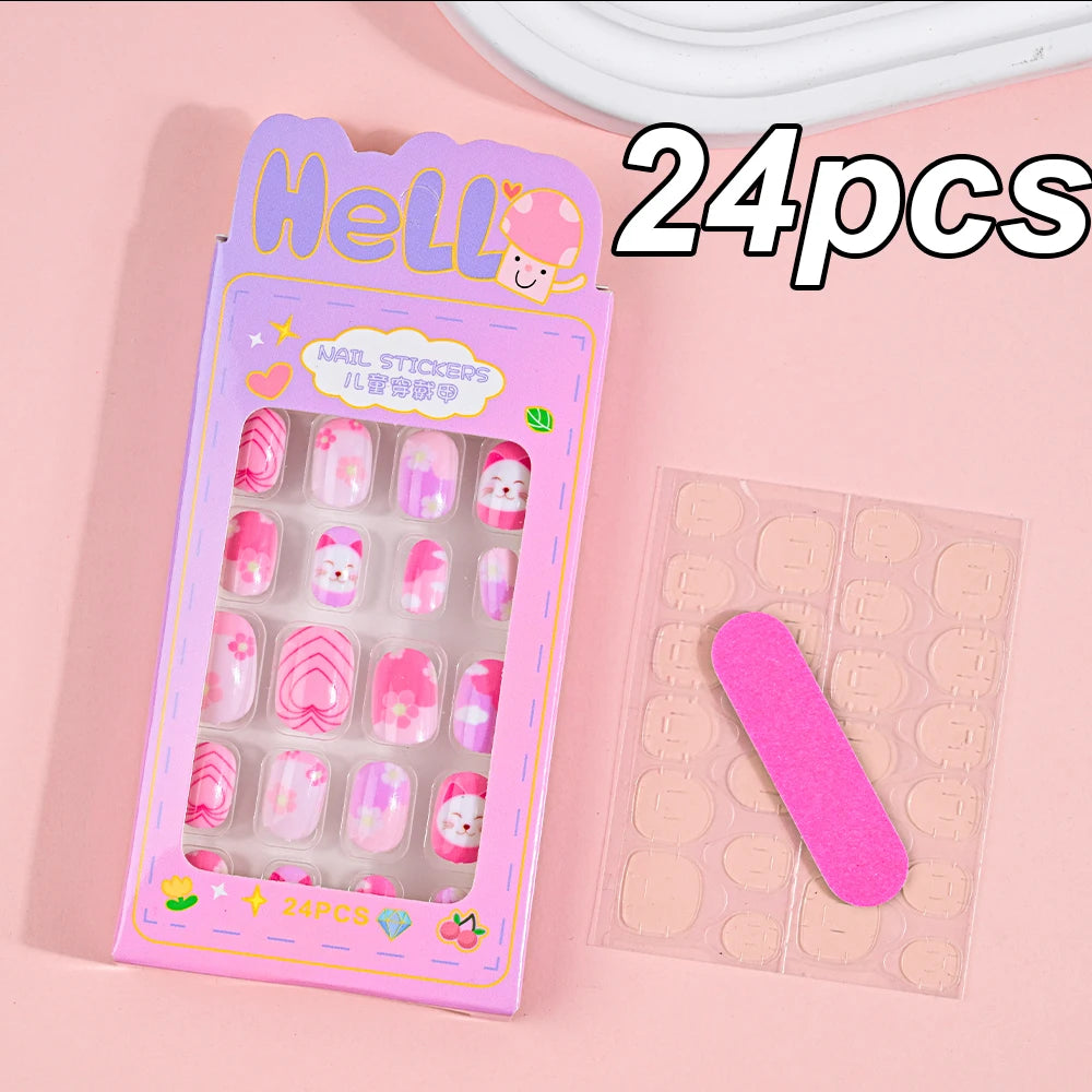 120pcs/box Pink Cartoon Children Press On Nails Candy Color Unicorn Cat Bunny Kids Full Cover False Nail Girls Party Nail Decora