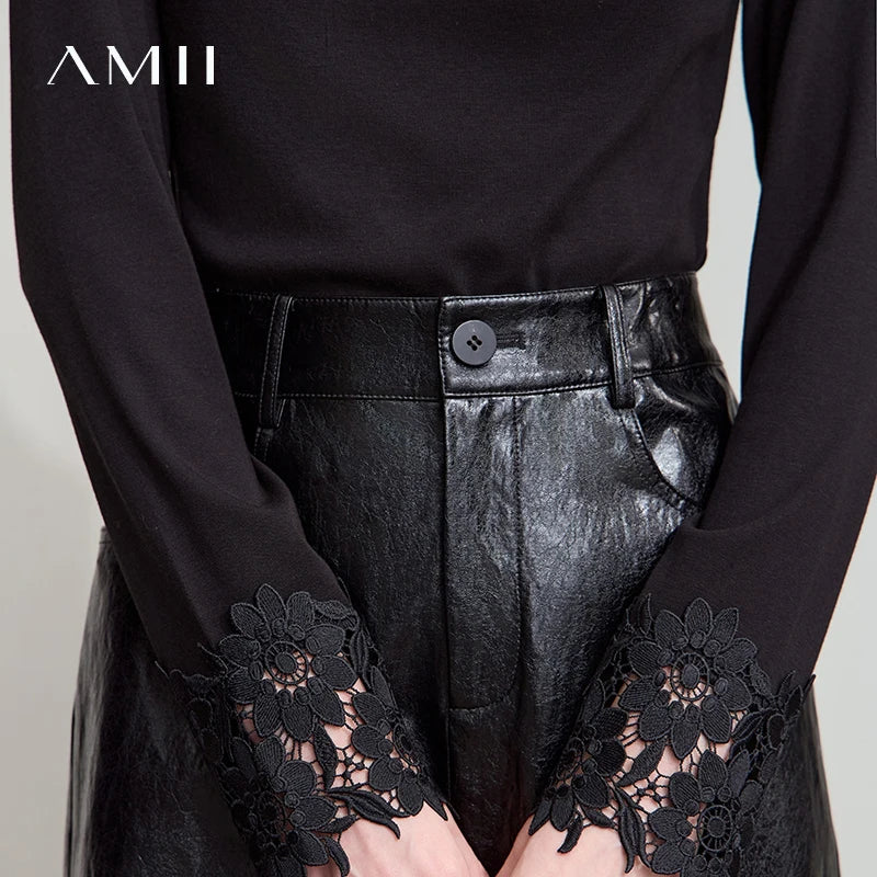 AMII Minimalist PU Leather Skirt For Women 2025 American Retro Knee-Length Skirt Solid Basics Business Women's Clothing 12553014.