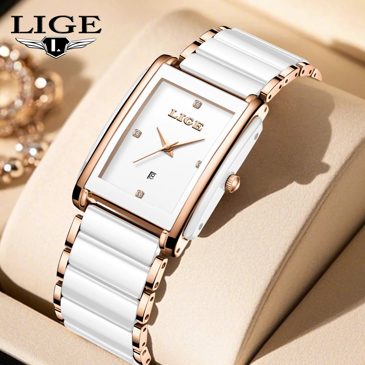 LIGE Fashion Square Quartz Woman Watches Ceramics Elegant Simple Diamond Auto Date Romantic Birthday Gift Leisure Wristwatch New.