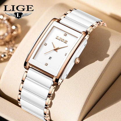 LIGE Fashion Square Quartz Woman Watches Ceramics Elegant Simple Diamond Auto Date Romantic Birthday Gift Leisure Wristwatch New.